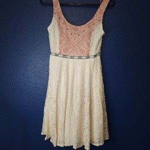 Flying Tomato Women's Dress S Beige & Pink Boho Lace Up Back Sundress
